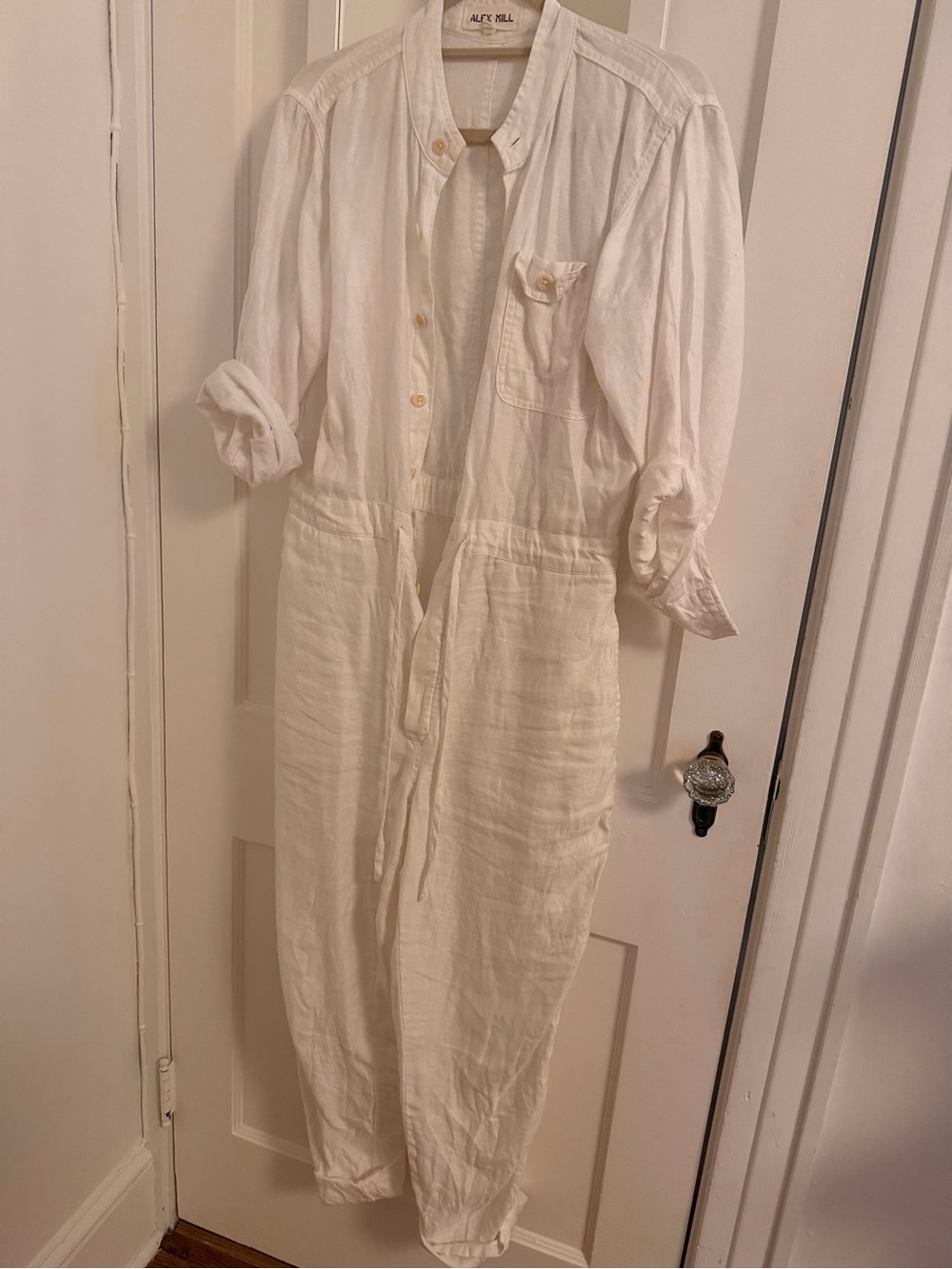 Alex Mill White Linen Utility Jumpsuit with Waist Tie